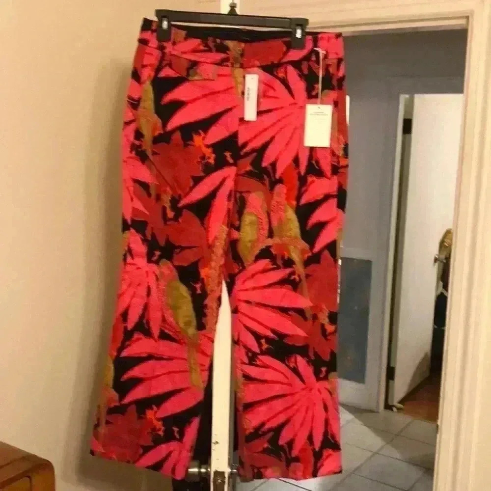 J. Crew Pink and Black Tropical Leaf Wide-Leg Pants